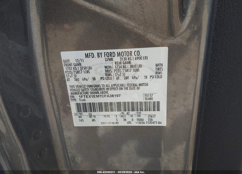 2012 FORD F-150 XLT VIN: 1FTEX1EM7CFA38197