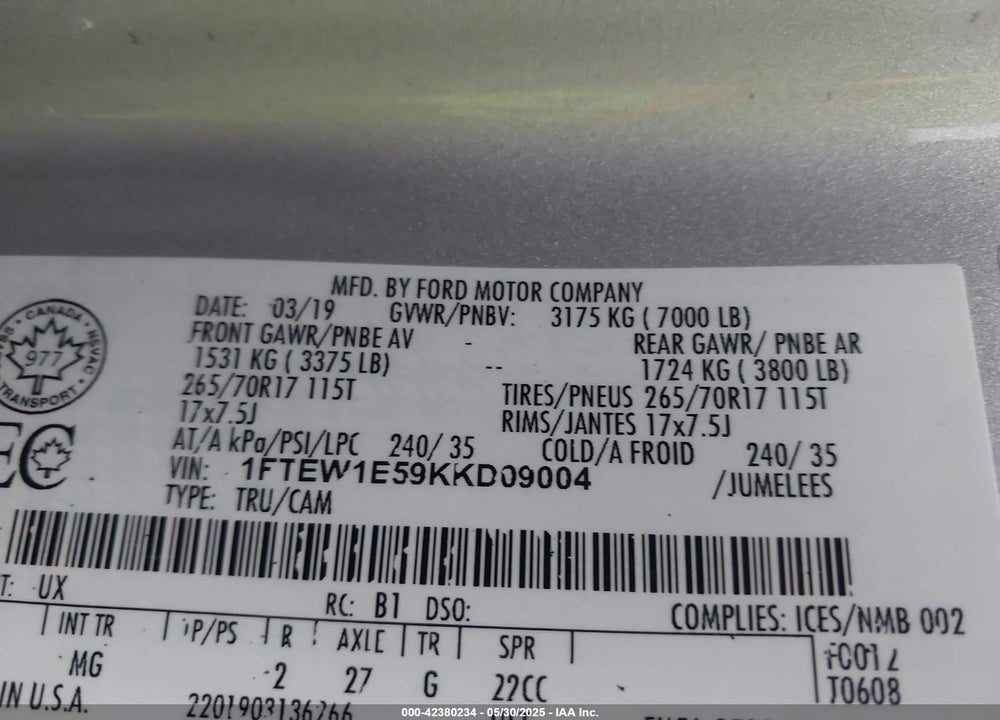 2019 FORD F-150 VIN: 1FTEW1E59KKD09004