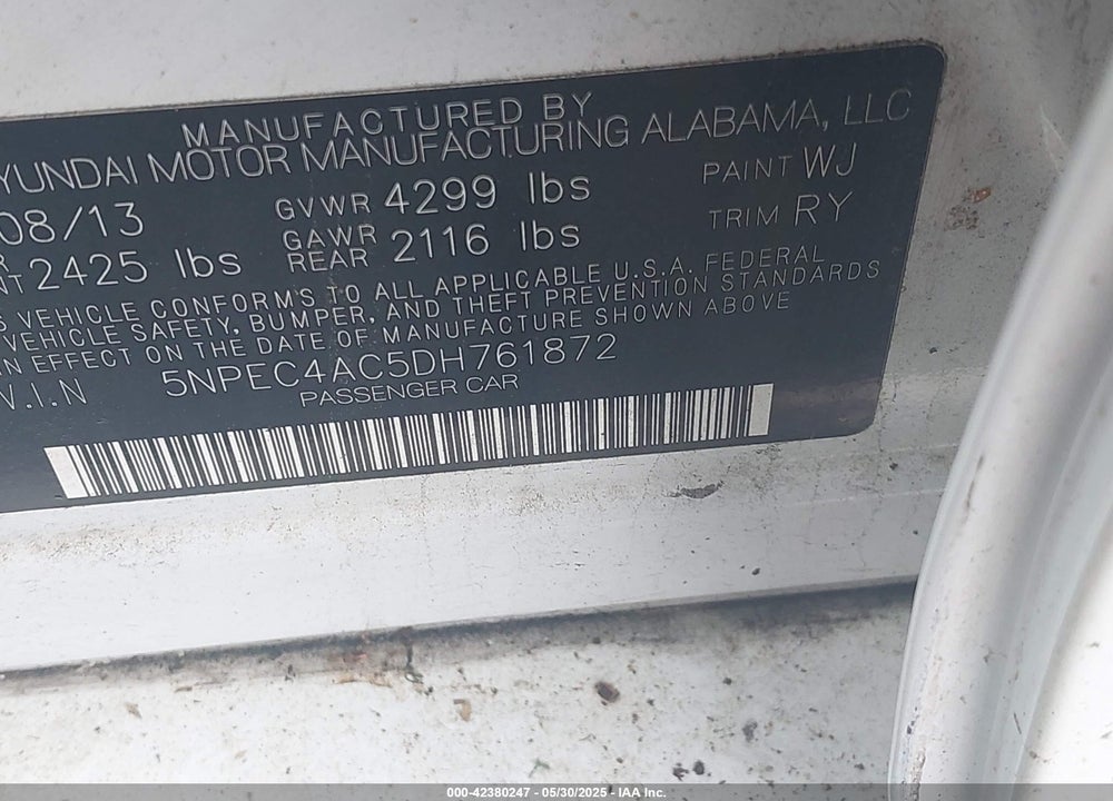 2013 HYUNDAI SONATA VIN: 5NPEC4AC5DH761872