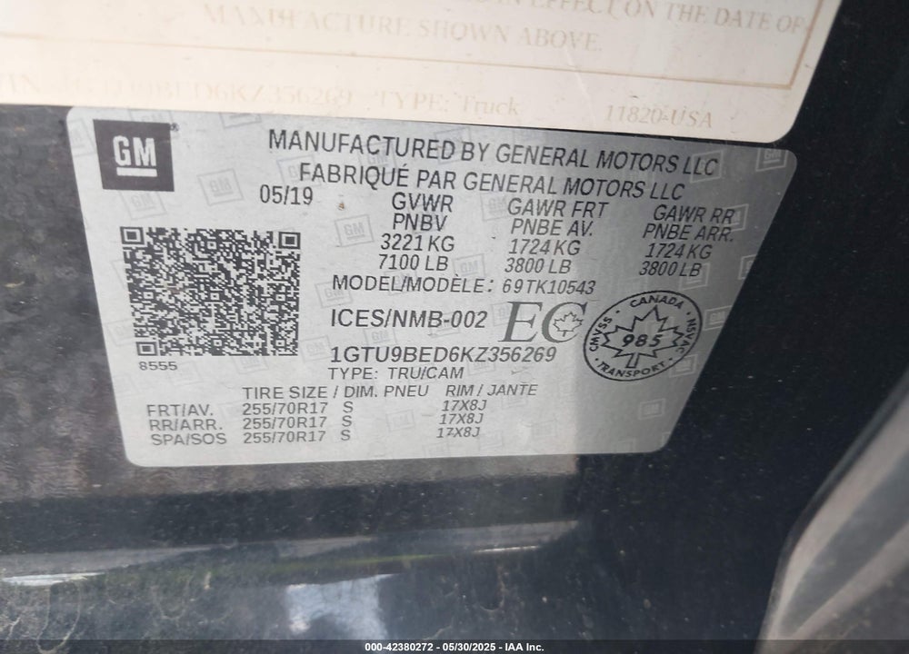 2019 GMC SIERRA 1500 SLE VIN: 1GTU9BED6KZ356269