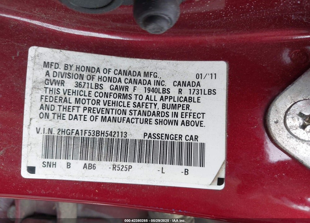 2011 HONDA CIVIC LX VIN: 2HGFA1F53BH542113
