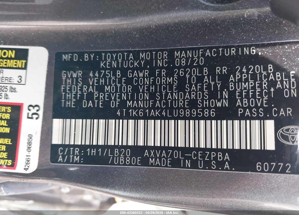 2020 TOYOTA CAMRY VIN: 4T1K61AK4LU989586