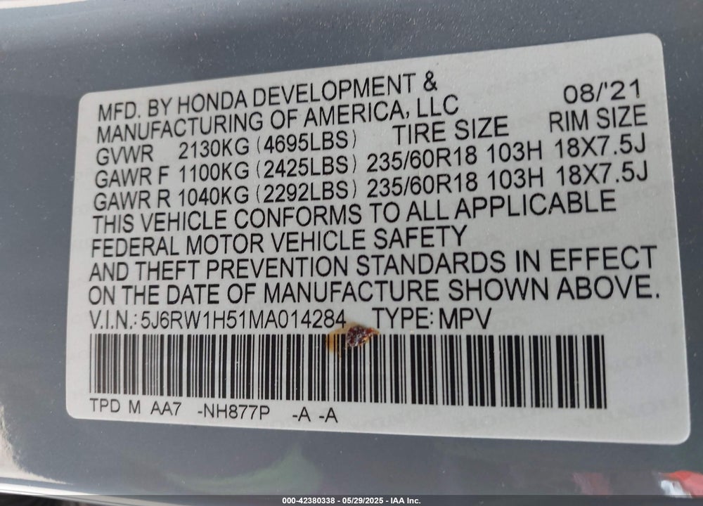 2021 HONDA CR-V VIN: 5J6RW1H51MA014284