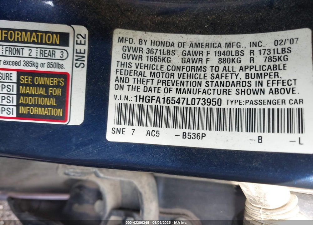 2007 HONDA CIVIC LX VIN: 1HGFA16547L073950