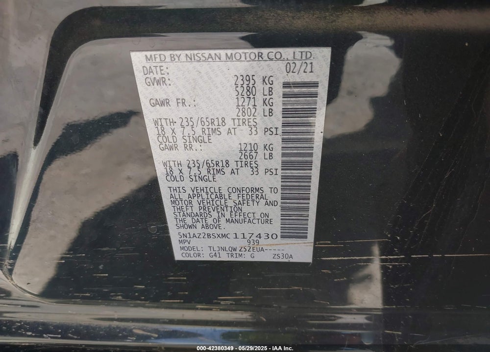 2021 NISSAN MURANO SV INTELLIGENT AWD VIN: 5N1AZ2BSXMC117430