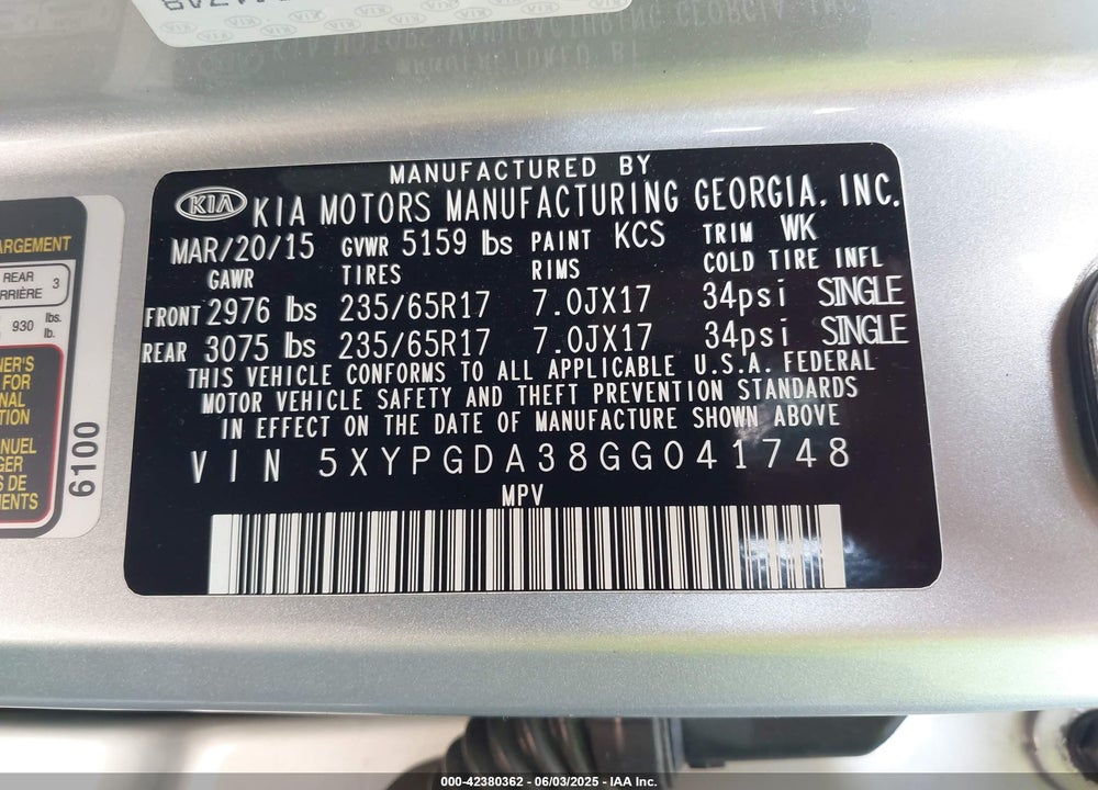 2016 KIA SORENTO VIN: 5XYPGDA38GG041748