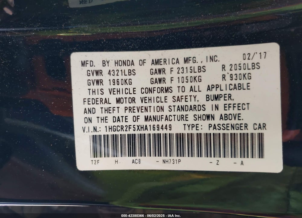 2017 HONDA ACCORD VIN: 1HGCR2F5XHA169449