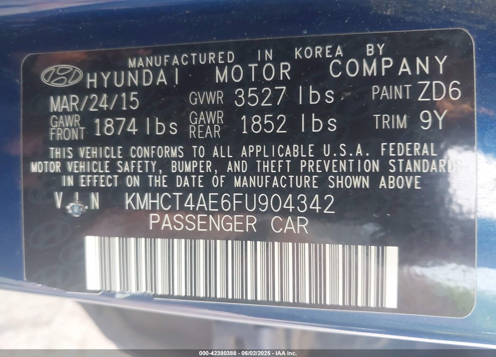 2015 HYUNDAI ACCENT GLS VIN: KMHCT4AE6FU904342