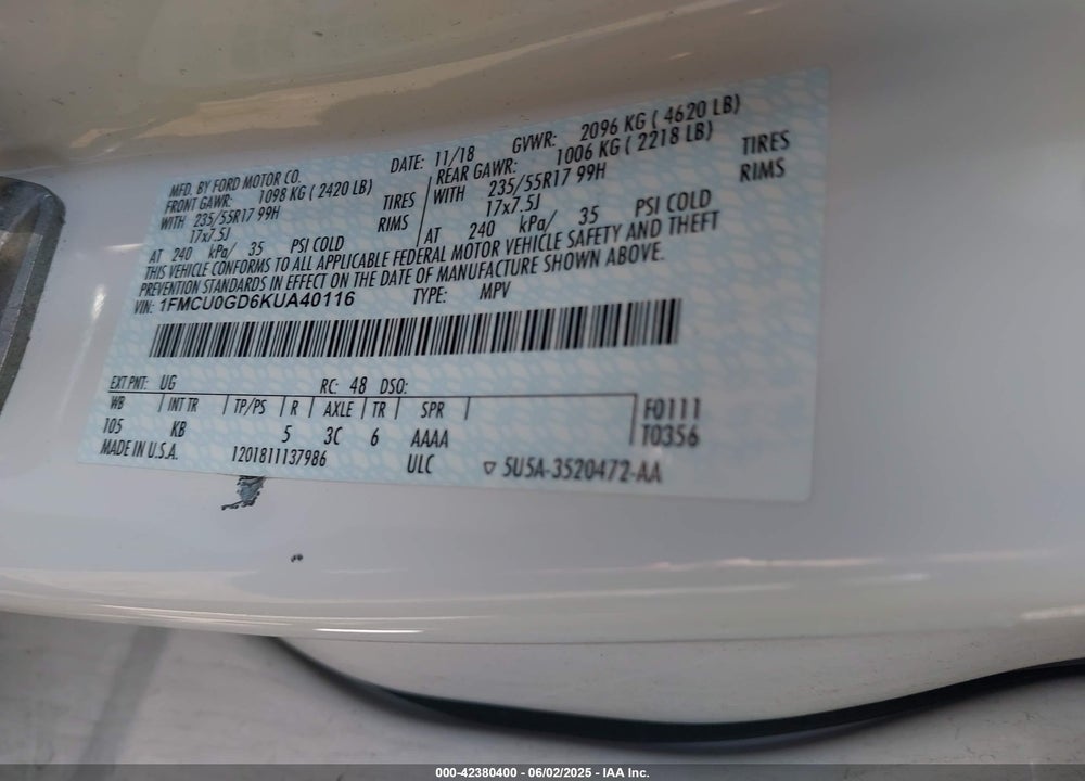 2019 FORD ESCAPE VIN: 1FMCU0GD6KUA40116