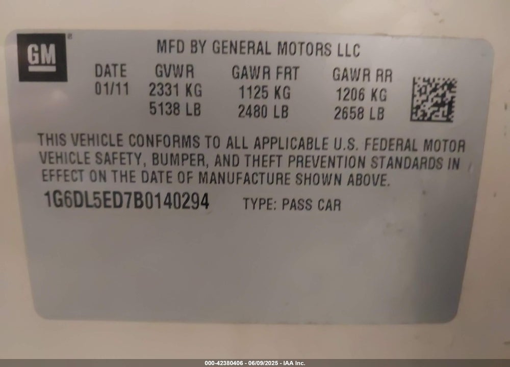 2011 CADILLAC CTS VIN: 1G6DL5ED7B0140294