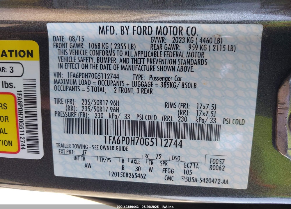 2016 FORD FUSION VIN: 1FA6P0H70G5112744
