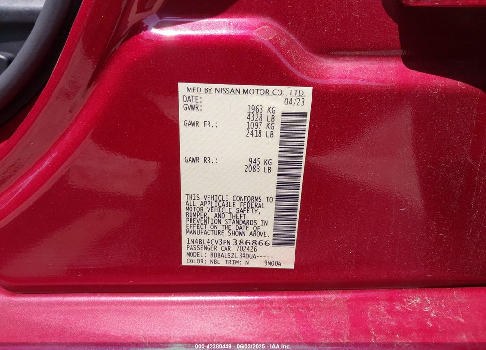 2023 NISSAN ALTIMA VIN: 1N4BL4CV3PN386866