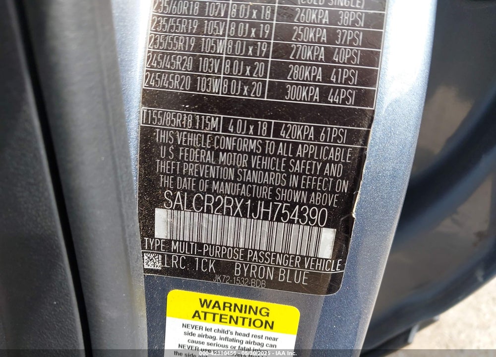2018 LAND ROVER DISCOVERY SPORT VIN: SALCR2RX1JH754390