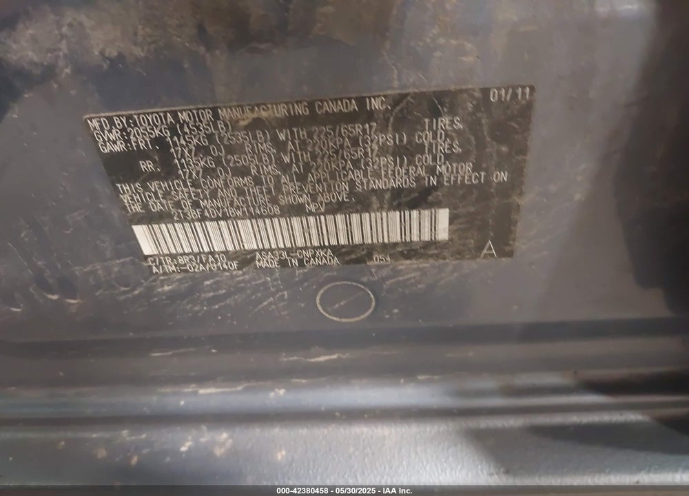 2011 TOYOTA RAV4 VIN: 2T3BF4DV1BW114608