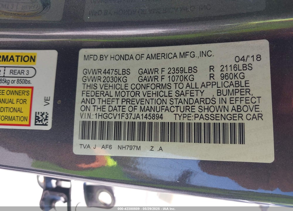 2018 HONDA ACCORD VIN: 1HGCV1F37JA145894