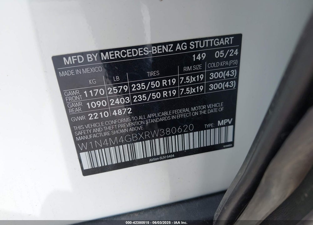 2024 MERCEDES-BENZ GLB-CLASS VIN: W1N4M4GBXRW380620