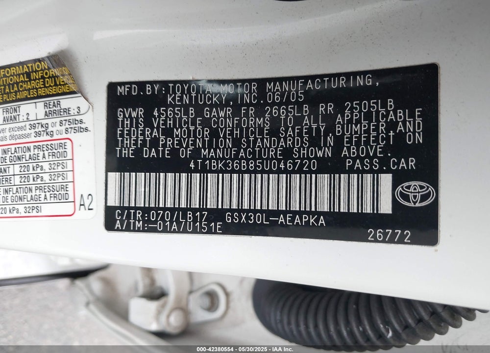 2005 TOYOTA AVALON VIN: 4T1BK36B85U046720