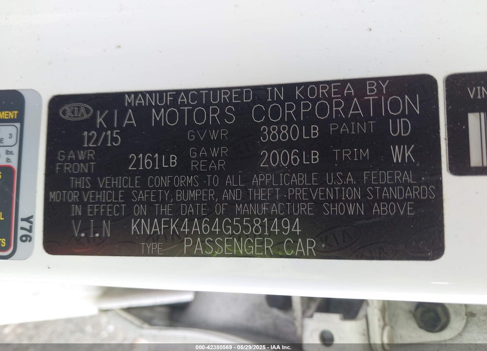2016 KIA FORTE LX VIN: KNAFK4A64G5581494