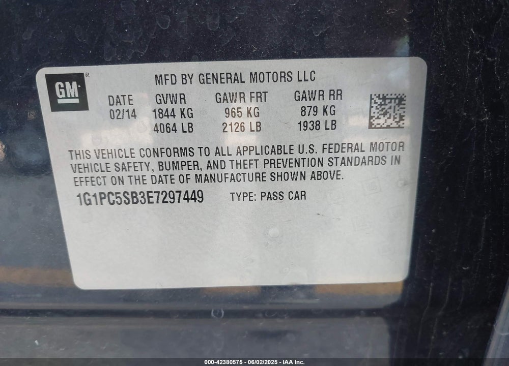 2014 CHEVROLET CRUZE 1LT AUTO VIN: 1G1PC5SB3E7297449