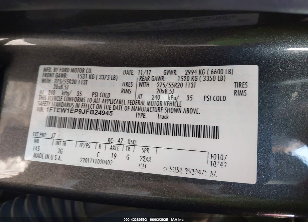 2018 FORD F150 VIN: 1FTEW1EP9JFB24945