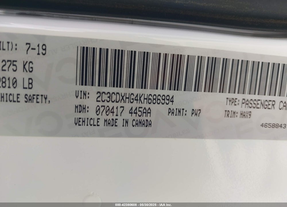 2019 DODGE CHARGER VIN: 2C3CDXHG4KH686994