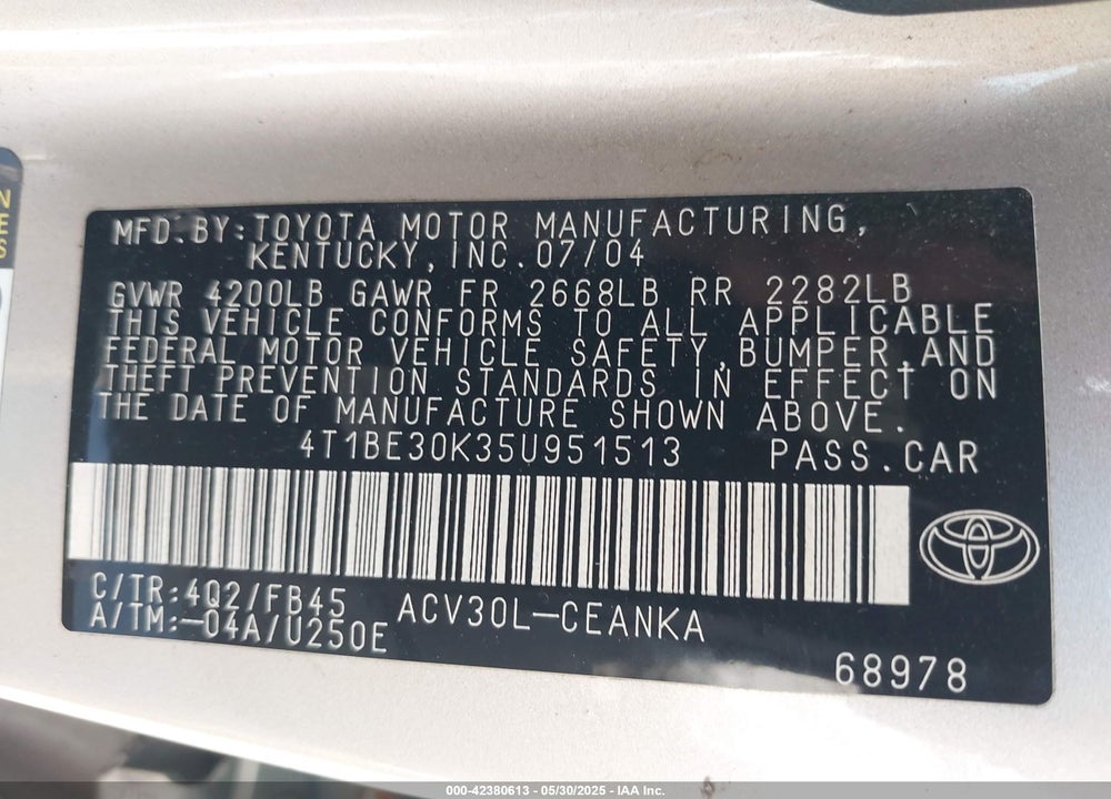 2005 TOYOTA CAMRY LE VIN: 4T1BE30K35U951513