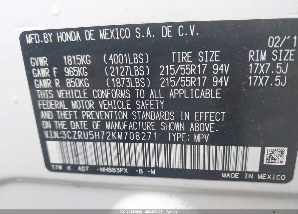 2019 HONDA HR-V EX-L VIN: 3CZRU5H72KM708271