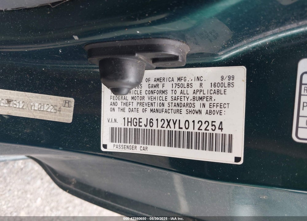 2000 HONDA CIVIC DX VIN: 1HGEJ612XYL012254