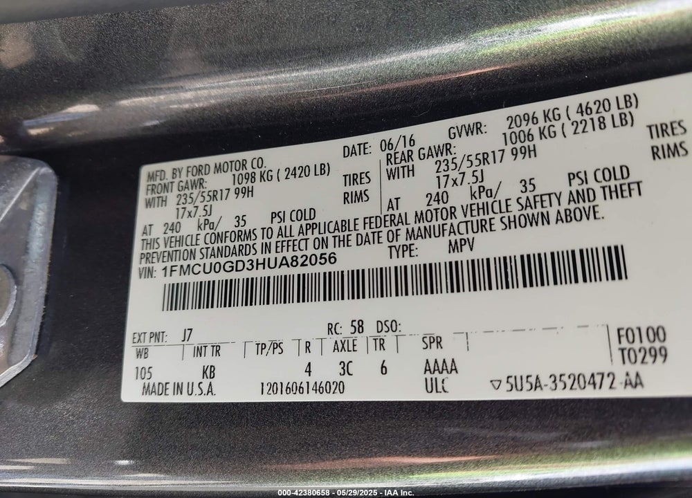 2017 FORD ESCAPE SE VIN: 1FMCU0GD3HUA82056