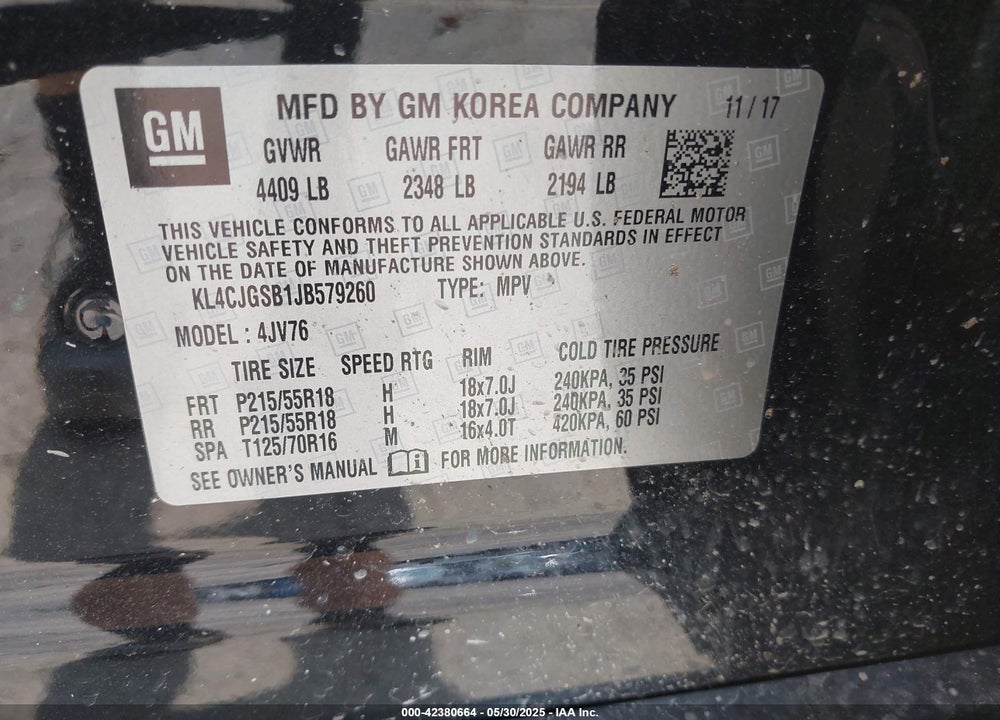 2018 BUICK ENCORE VIN: KL4CJGSB1JB579260