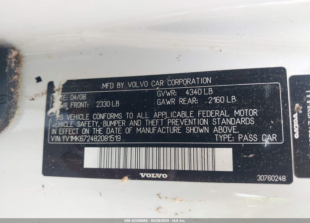2008 VOLVO C30 VIN: YV1MK672482081519