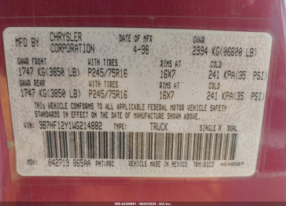 1998 DODGE RAM 1500 ST VIN: 3B7HF12Y1WG214882