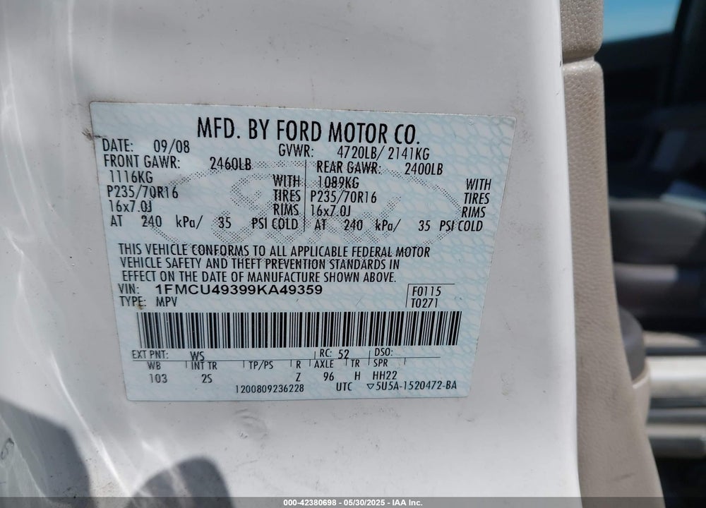 2009 FORD ESCAPE HYBRID VIN: 1FMCU49399KA49359