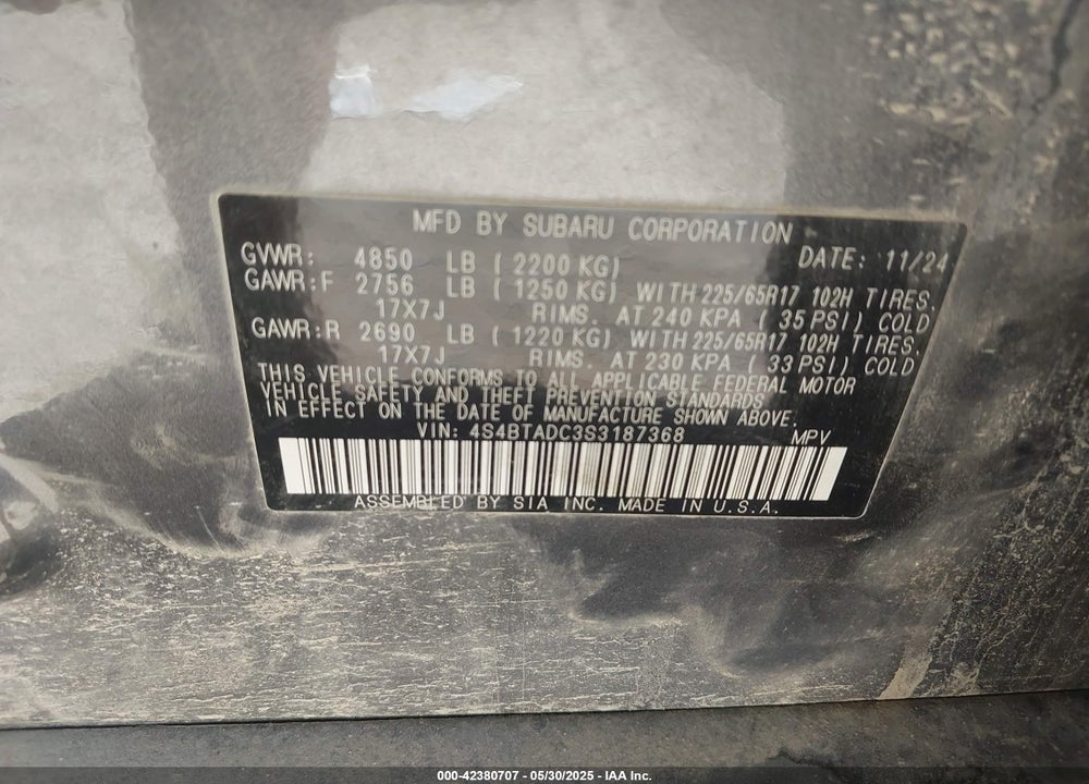 2025 SUBARU OUTBACK PREMIUM VIN: 4S4BTADC3S3187368