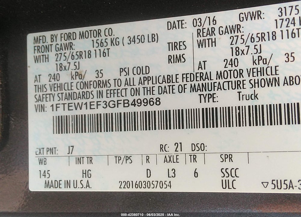 2016 FORD F-150 VIN: 1FTEW1EF3GFB49968