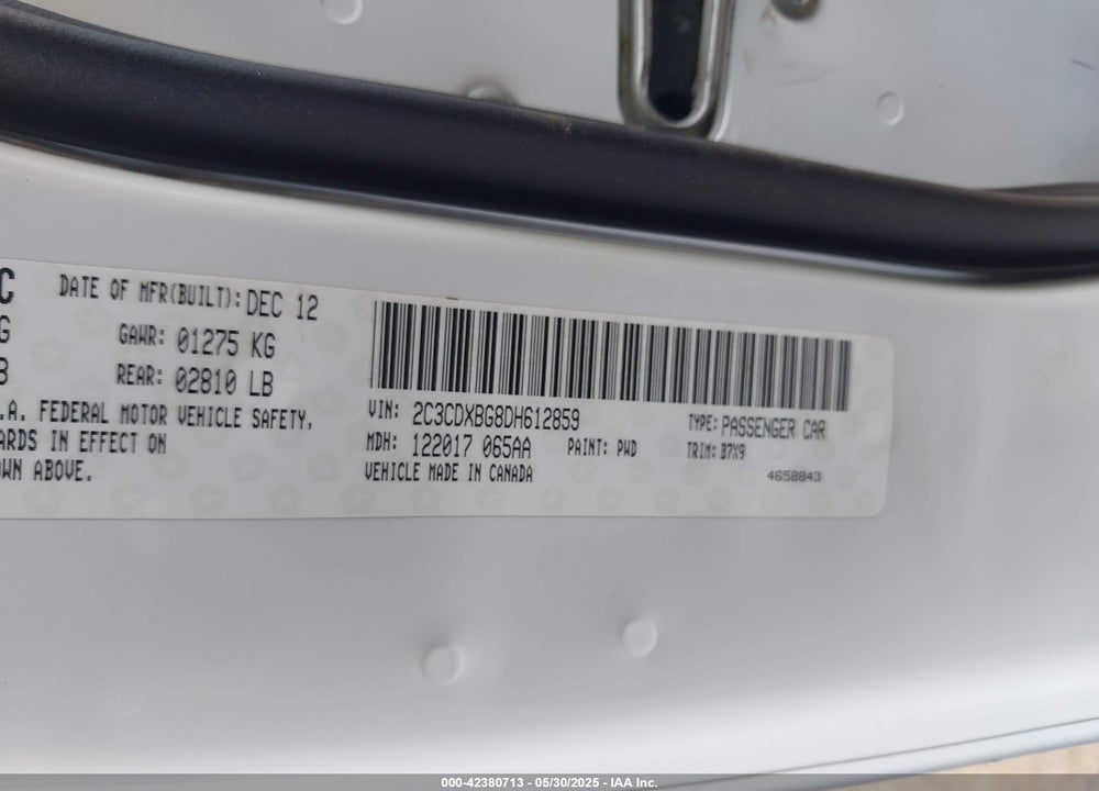 2013 DODGE CHARGER SE VIN: 2C3CDXBG8DH612859