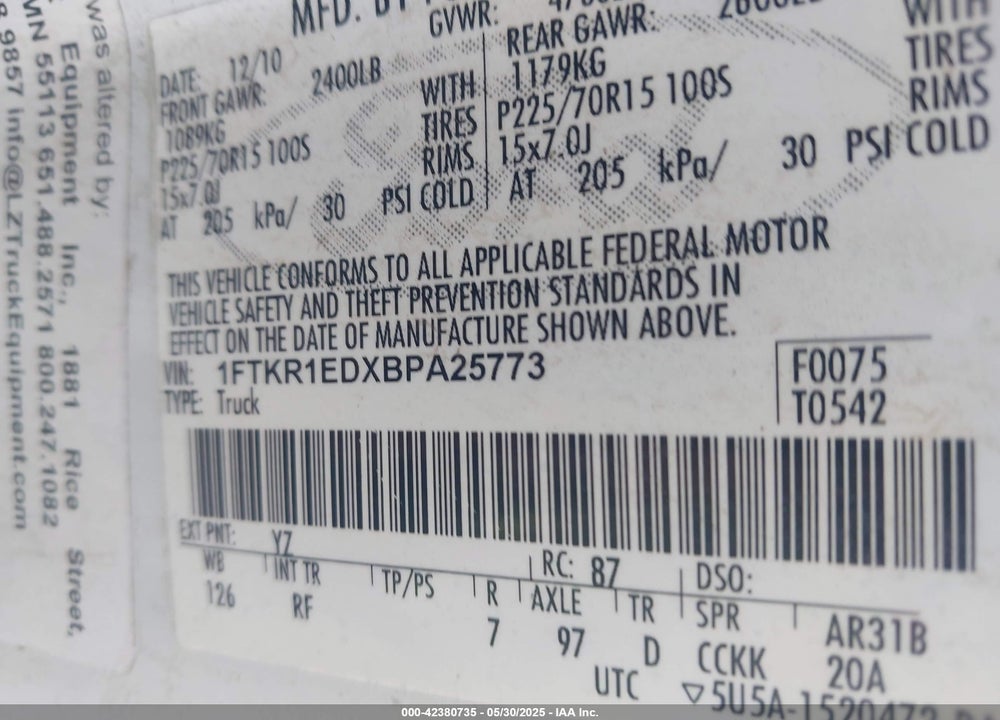 2011 FORD RANGER VIN: 1FTKR1EDXBPA25773