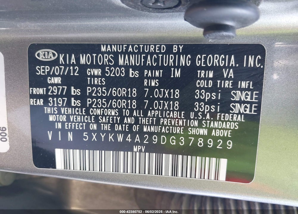 2013 KIA SORENTO SX VIN: 5XYKW4A29DG378929