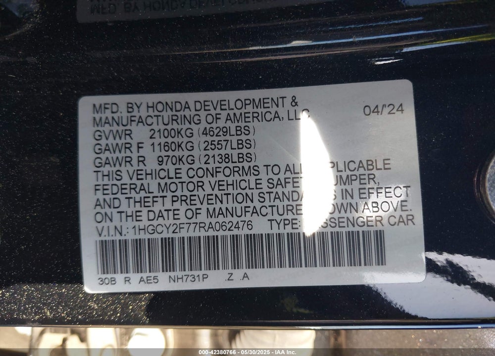2024 HONDA ACCORD VIN: 1HGCY2F77RA062476