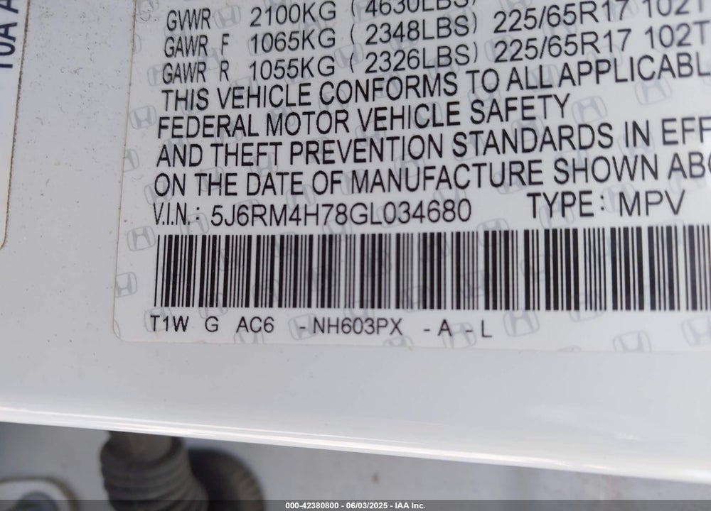 2016 HONDA CR-V EX-L VIN: 5J6RM4H78GL034680