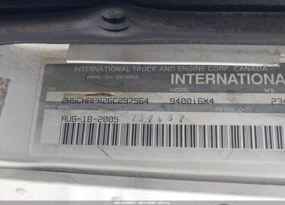 2006 INTERNATIONAL 9400 9400I VIN: 2HSCNAPR26C297564