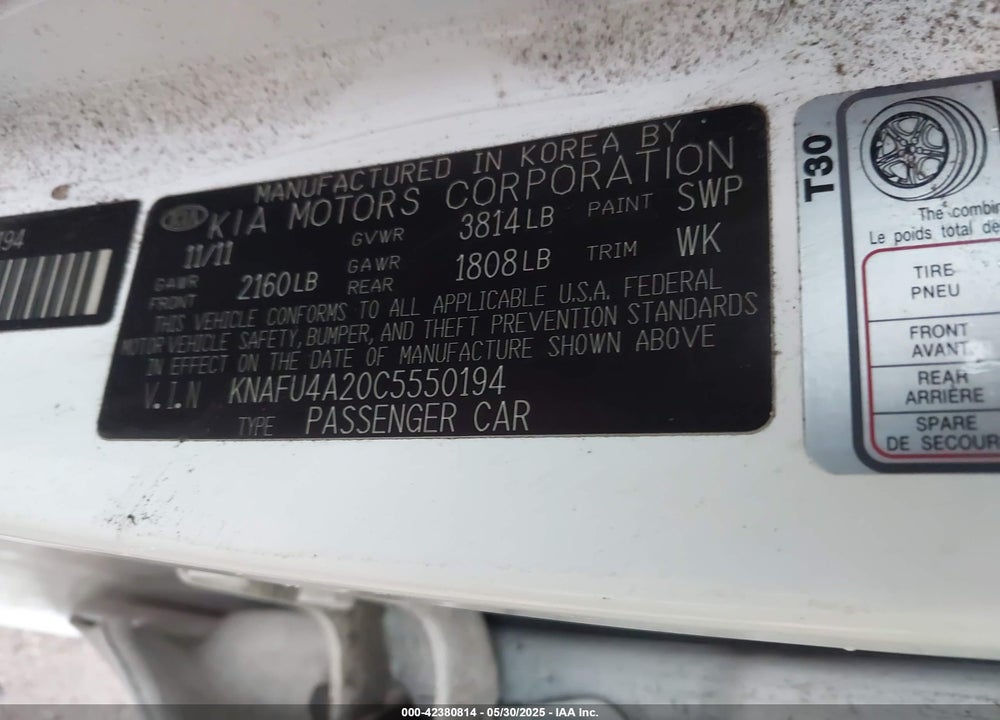 2012 KIA FORTE VIN: KNAFU4A20C5550194