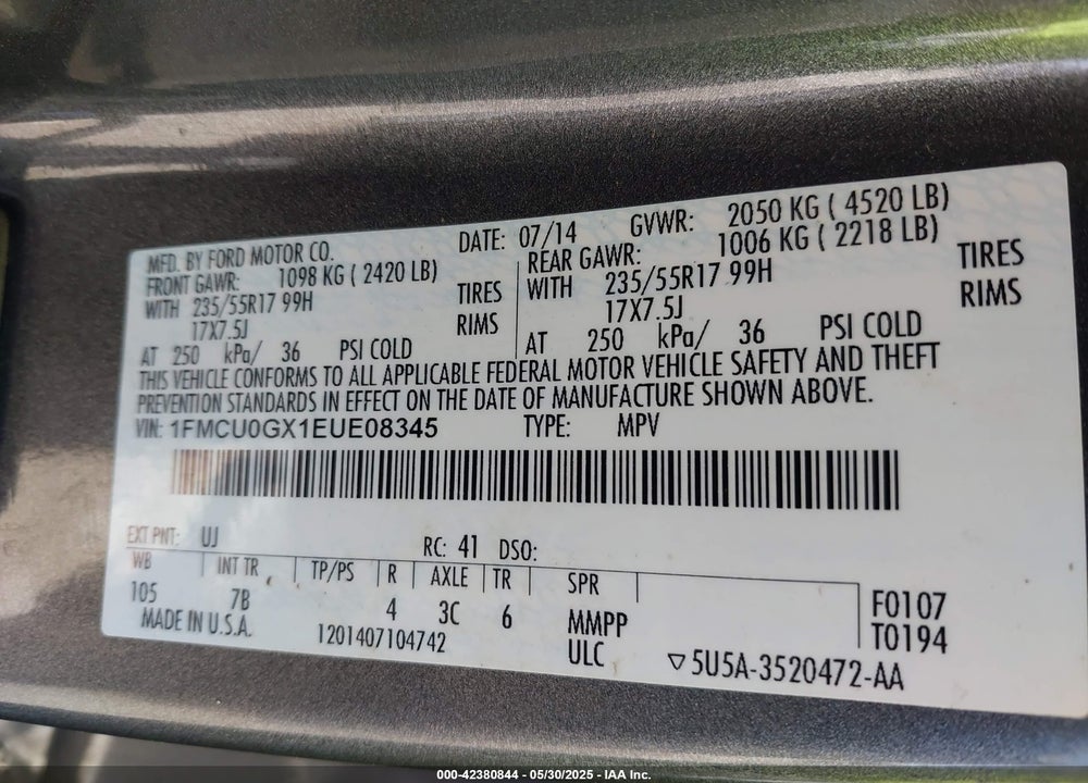 2014 FORD ESCAPE VIN: 1FMCU0GX1EUE08345
