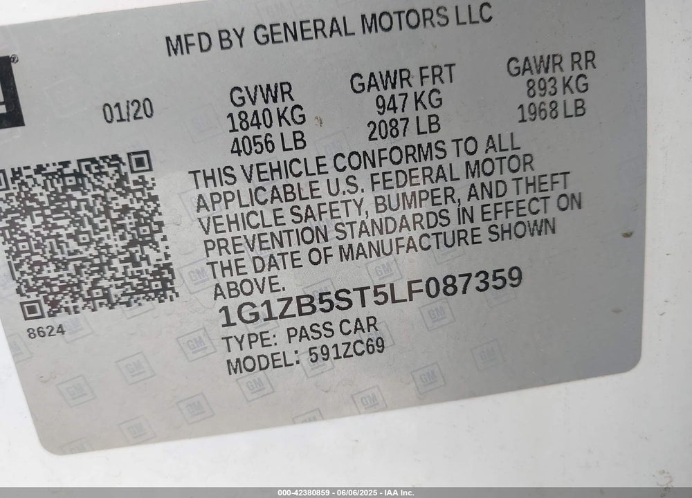 2020 CHEVROLET MALIBU VIN: 1G1ZB5ST5LF087359
