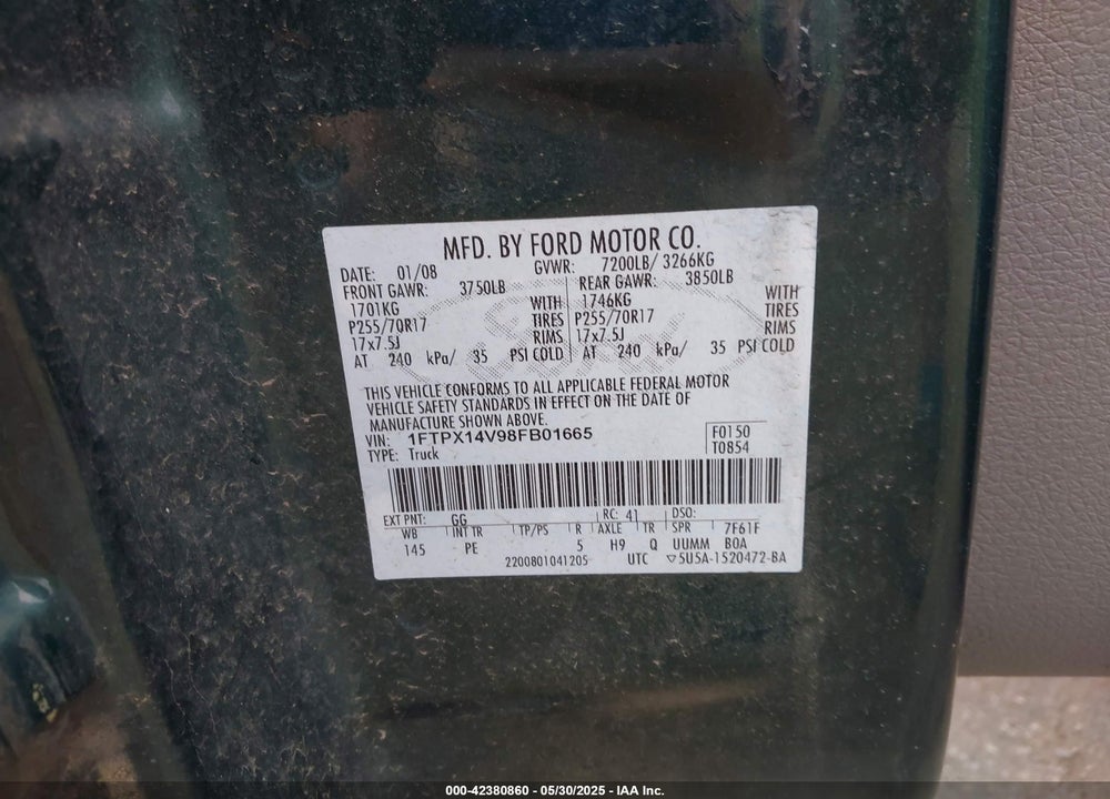 2008 FORD F-150 VIN: 1FTPX14V98FB01665