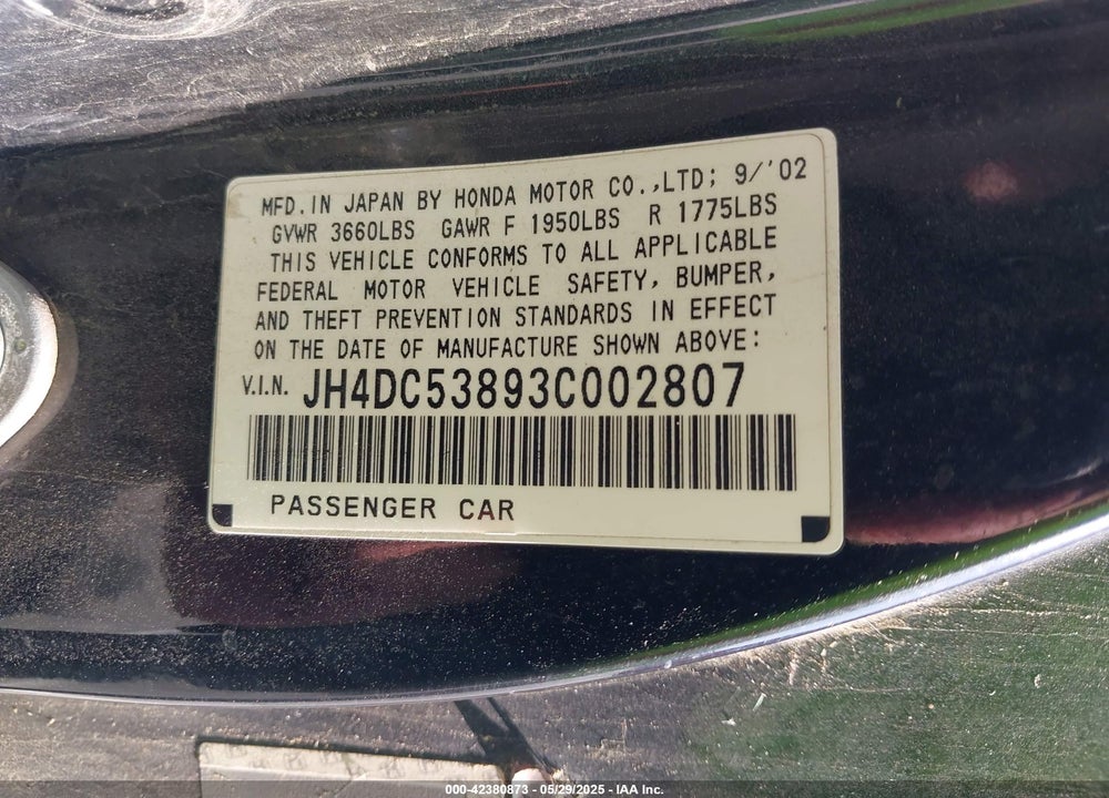 2003 ACURA RSX VIN: JH4DC53893C002807