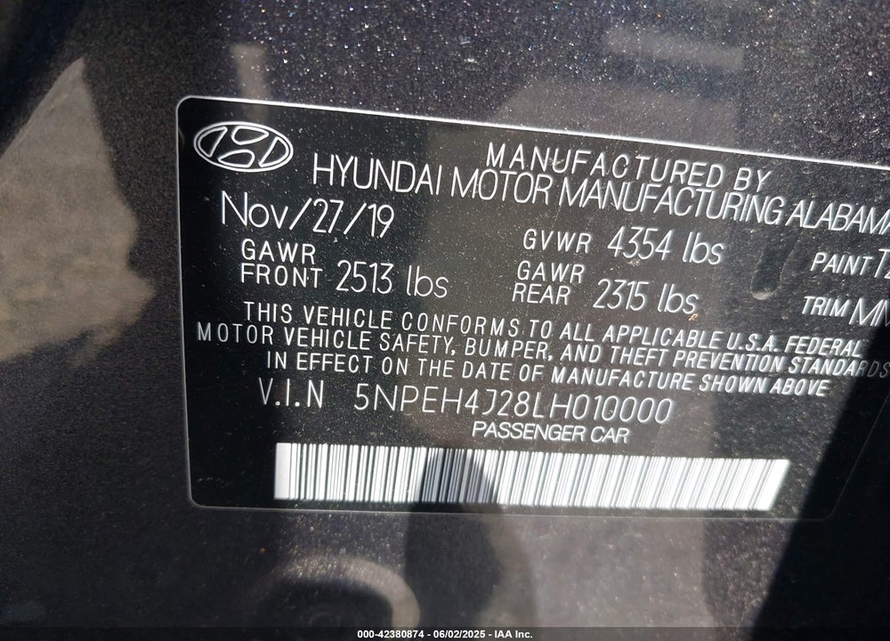2020 HYUNDAI SONATA VIN: 5NPEH4J28LH010000