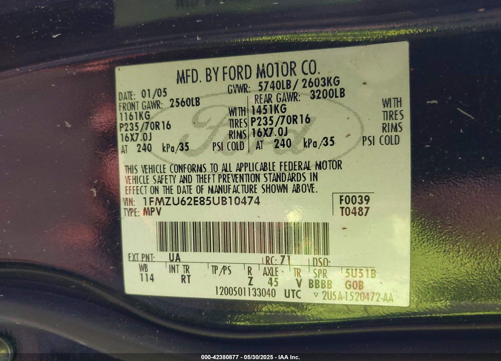 2005 FORD EXPLORER VIN: 1FMZU62E85UB10474
