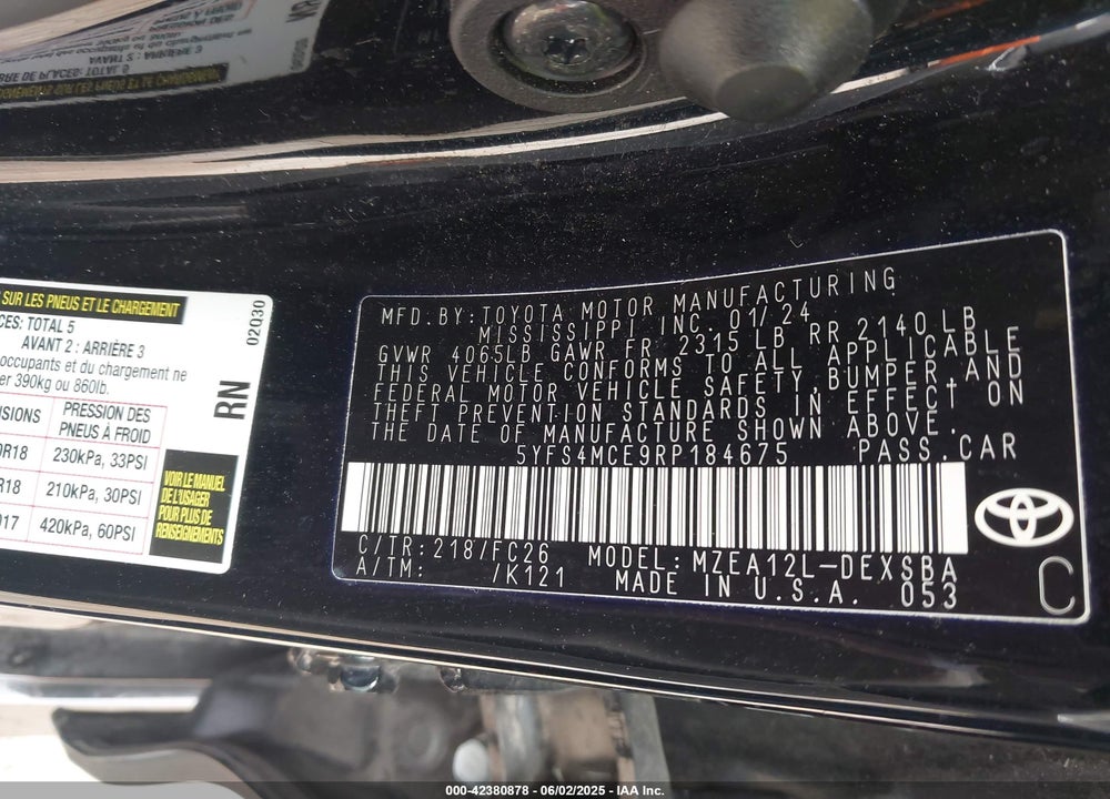 2024 TOYOTA COROLLA VIN: 5YFS4MCE9RP184675