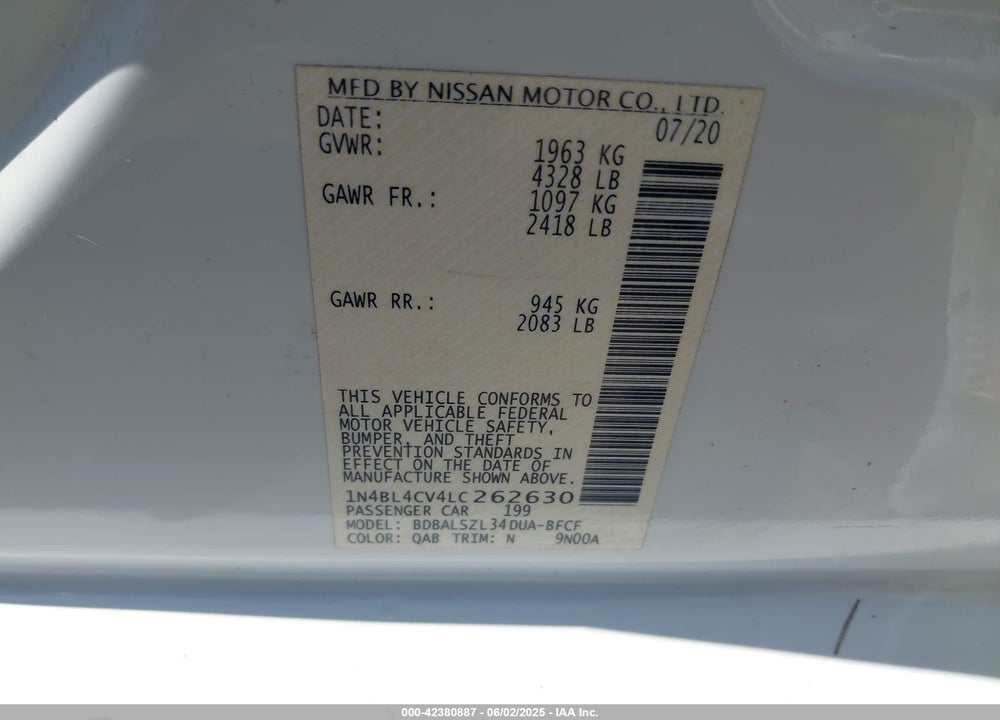2020 NISSAN ALTIMA VIN: 1N4BL4CV4LC262630